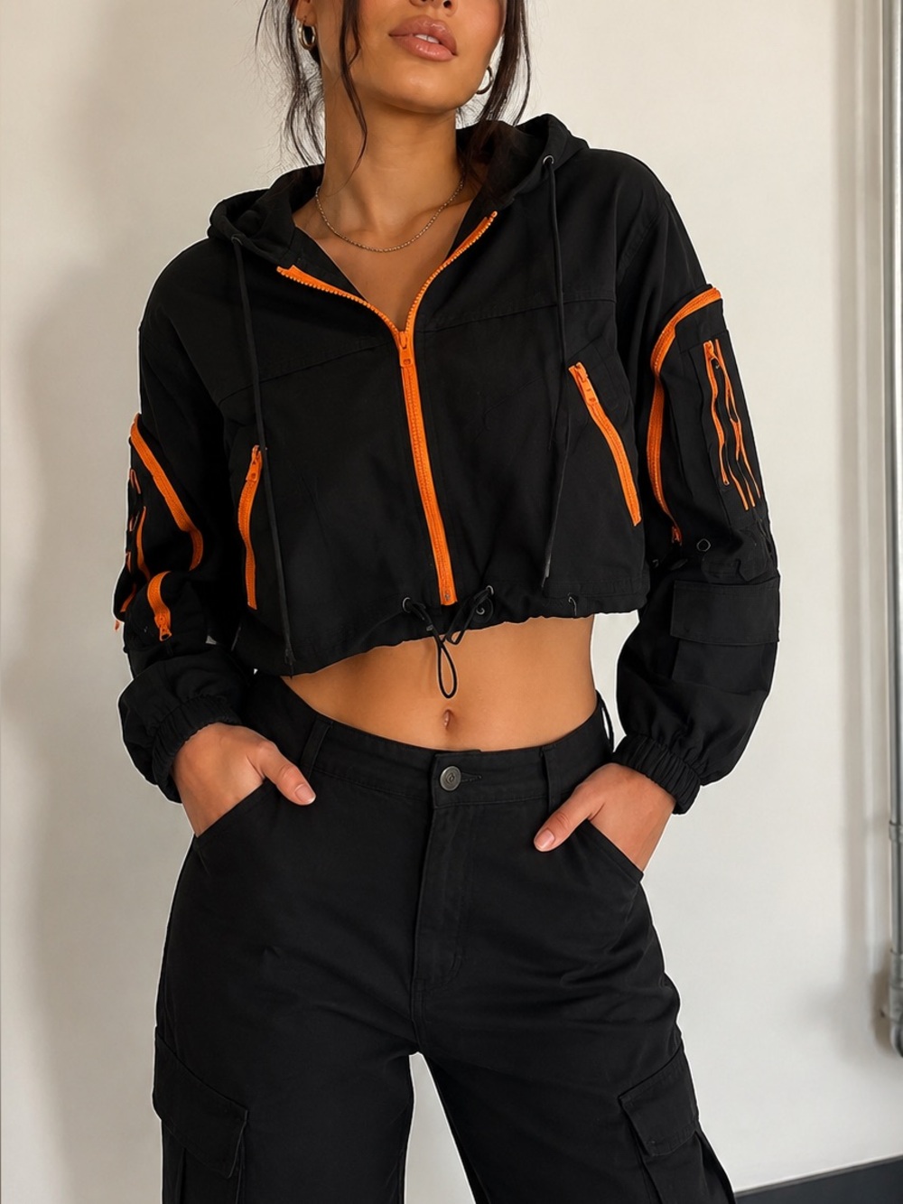 American Bazi Black Hoodie Cropped Utility Jacket with Orange Zippers
